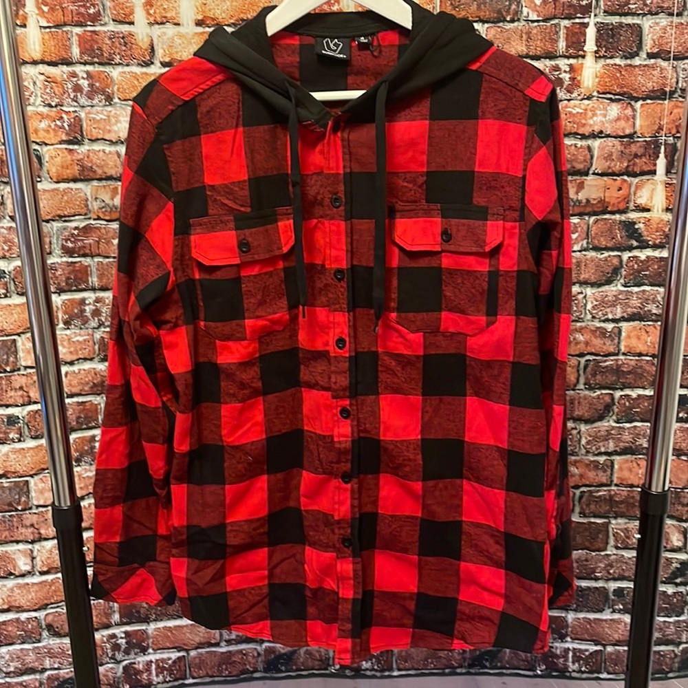 Burnside Hooded Flannel Shirt Jacket Hoody red black lumberjack medium